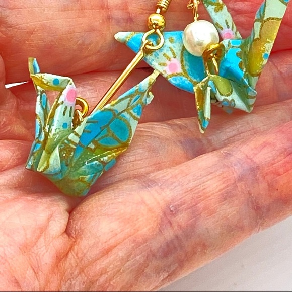 Handcrafted Paper Peace Crane Earrings - Picture 3 of 7